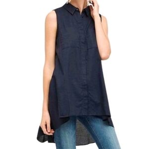 HD in Paris Anthropologie Blue High Low Collared Button Front Sleeveless Top 4